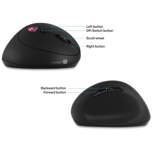 Connect IT CMO-2600-BK - Ergonomski bežični mi&amp;scaron; 800/1200/1600 DPI 1xAA crna Slike