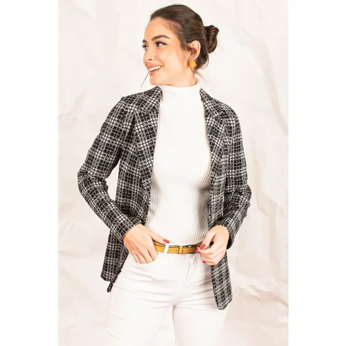 armonika Women's Gray Stamped One-Button Plaid Jacket