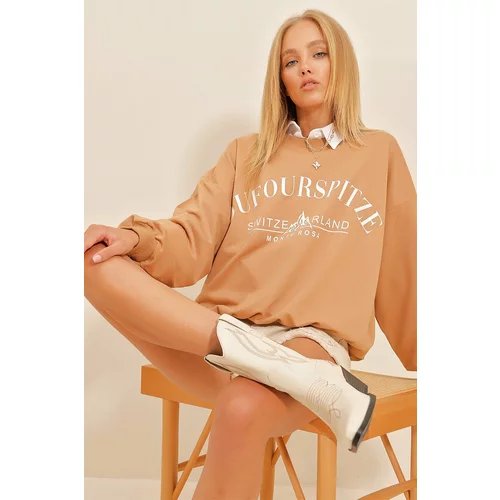 Trend Alaçatı Stili Women's Biscuit Crew Neck Text Printed Oversized Sweatshirt