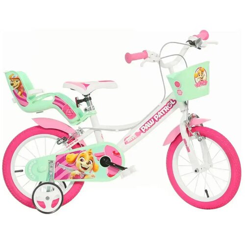 Dino Bikes Paw Patrol Skye dječji bicikl 14&rdquo; s ko&scaron;arom i sjedalicom za lutku u ružičasto-menta zelenoj boji &ndash; bicikl Cijene
