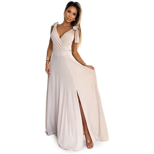 Numoco Long dress with a neckline and a tie at the shoulders Slike
