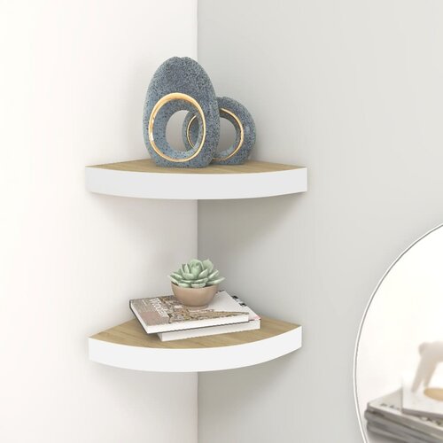 VidaXL Kotne stenske police 2 kosa hrast in bele 25x25x3,8 cm MDF Slike