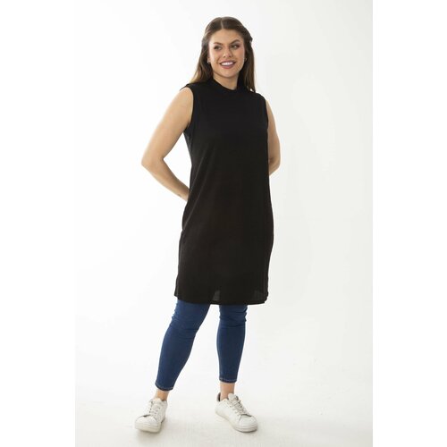 Şans Women's Plus Size Black Camisole Fabric Crew Neck Collar Sleeveless Long Blouse Cene