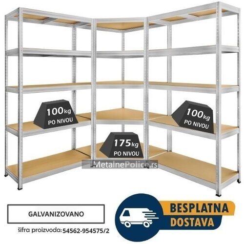 Medacom ugaona polica 180x90x90x40cm + 2 police 180x75x40cm, 5x100kg galva Slike