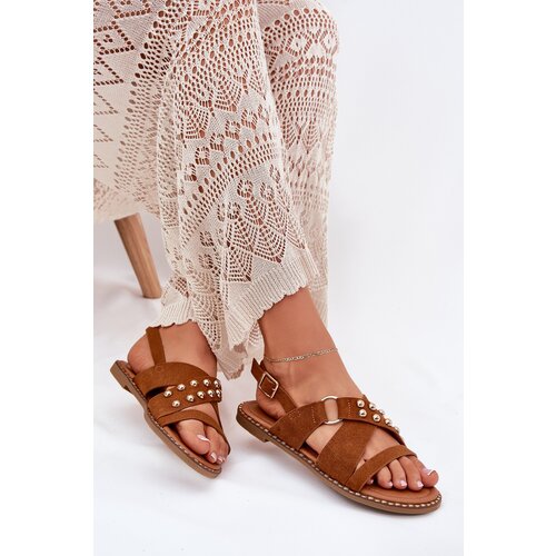 Boto Women's Flat Sandals With Golden Studs Camel Zanira Cene