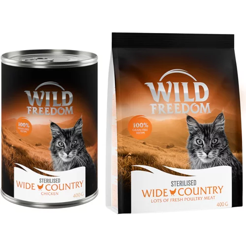Wild Freedom mokra hrana 12 x 400 g + suha hrana 400 g po posebni ceni! - Wide Country Sterilised - piščanec + Sterilised perutnina - brez žit