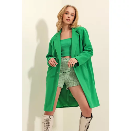 Trend Alaçatı Stili Women's Green Two Pockets, Lined Winter Cachet Coat