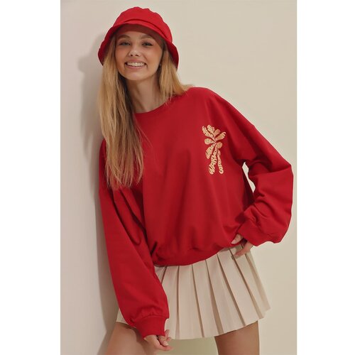 Trend Alaçatı Stili Women's Red Crew Neck Warmenergy Printed Sweatshirt Slike