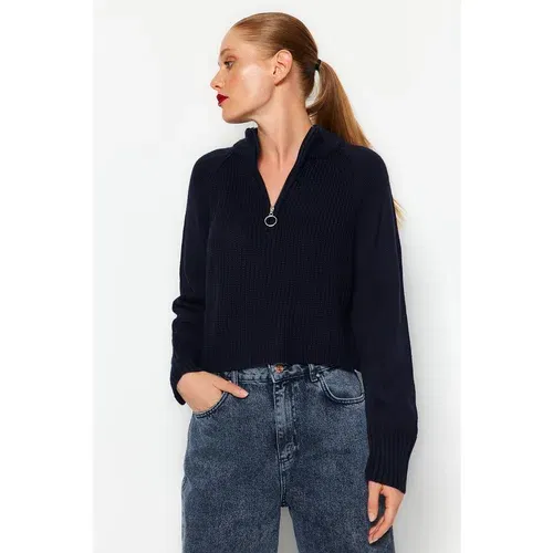 Trendyol Navy Blue Crop Zipper Detailed Knitwear Sweater