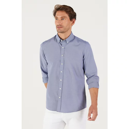 AC&Co / Altınyıldız Classics Men's Navy Blue Slim Fit Slim Fit Oxford Buttoned Collar Gingham Cotton Shirt.