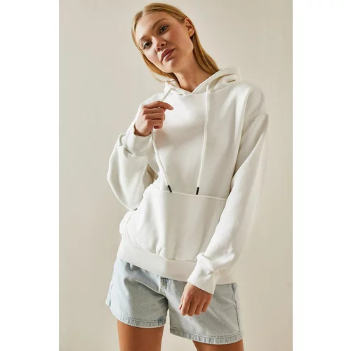 XHAN White Kangaroo Pocket Hoodie Sweatshirt