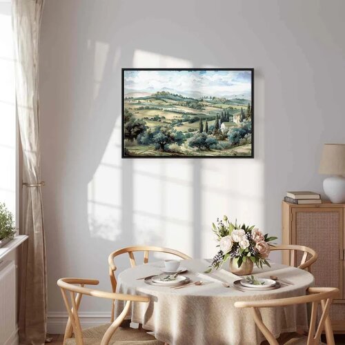  Slika - Landscape with Green Fields and Trees Tuscan Sunny View 120x80 U crnom drvenom okviru Slike