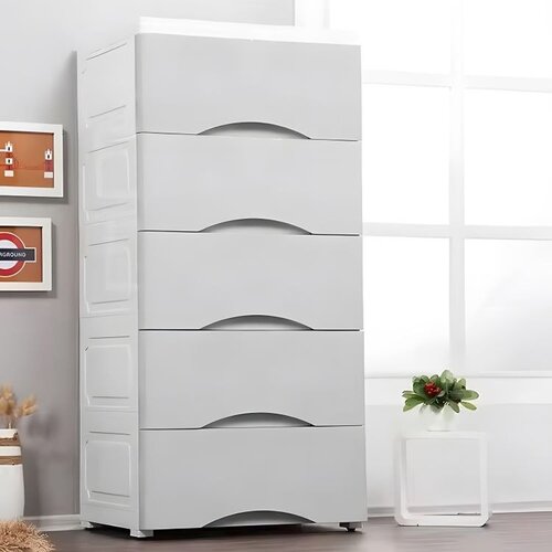 ModernHome PJJCBS0024-05A &amp;ndash; Plastična komoda s 5 ladica i kotačićima, 39 &amp;times; 27 &amp;times; 75 cm, bijelo-siva Slike