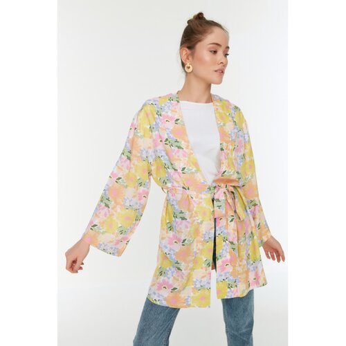 Trendyol Multicolored Floral Patterned Belted Natural Fabric Pocket Detailed Kimono&Caftan Slike