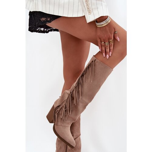 Boto Women's Cowboy Boots With Fringes On A Heel Beige Tivara Cene