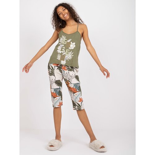 Fashion Hunters Khaki women&amp;#039;s cotton pajamas with 3/4 pants Slike