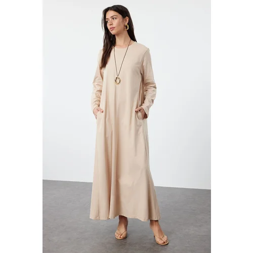 Trendyol Beige Pocket Detailed Single Jersey Cotton Knitted Dress