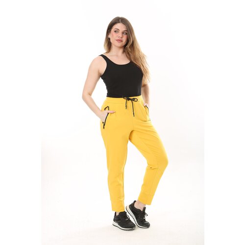 Şans Women's Plus Size Yellow Eyelet Lace Up And Elastic Zippered Pocket Detailed Sports Trousers Slike