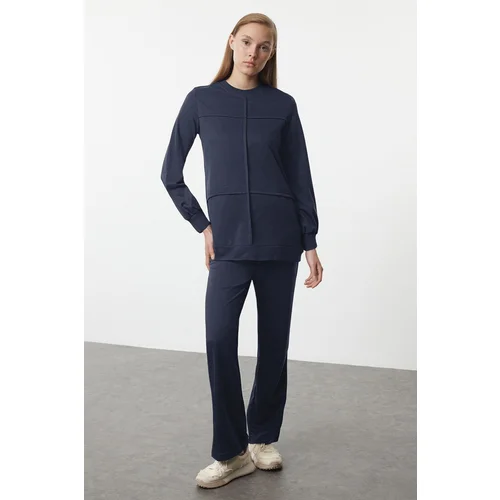 Trendyol Navy Blue Ribbed Oversize Knitted Bottom-Top Set