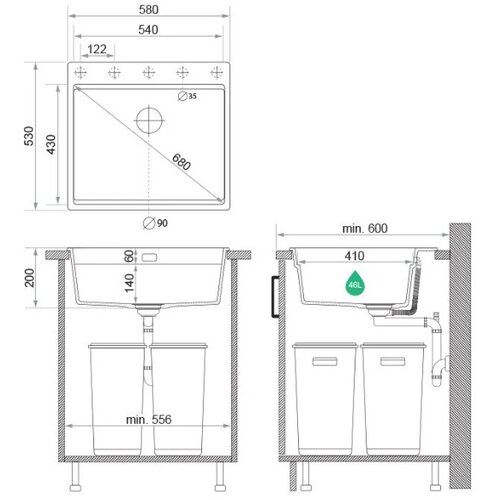 Kando oslo 60 max level crna 580x530/200 mm Slike