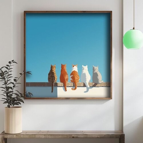 Wallxpert uramljena mdf slika DOS072-70, pet mačaka na zidu okrenutih leđima pod plavim nebom, 70 x 70 cm Cene