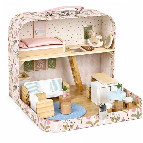 ECO TOYS Ecotoys Drvena kućica za lutke u prijenosnom koferu, set od 20 dodataka Slike