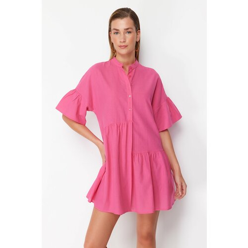 Trendyol Pink Wide Fit Mini Woven Ruffle Beach Dress Cene