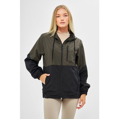 River Club Women's Khaki-Black Two-tone Lined Water And Windproof Hooded Raincoat With Pocket. Slike