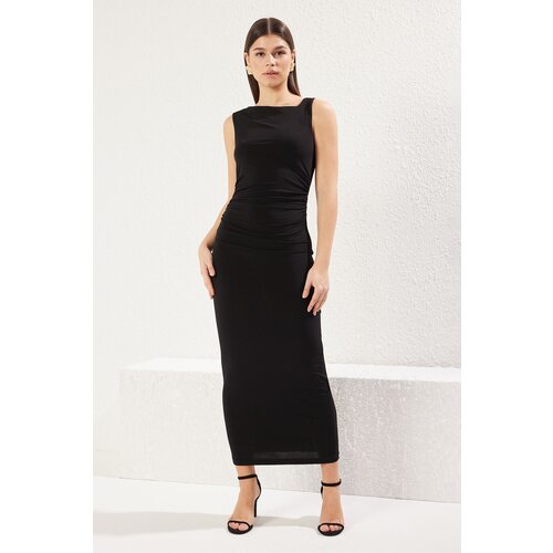 Trendyol Black Plain Gather / Drape Midi Fitted Gather Drape Detail Stretchy Knit Dress Slike