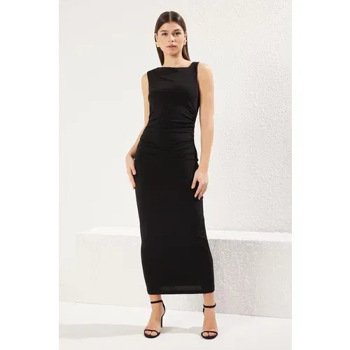 Trendyol Black Plain Gather / Drape Midi Fitted Gather Drape Detail Stretchy Knit Dress Trendyol Black Plain Gather / Drape Midi Fitted Gather Drape Detail Stretchy Knit Dress