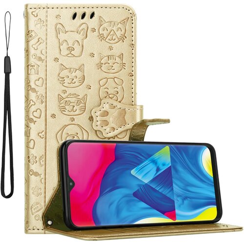 Cadorabo Samsung Galaxy A10/M10 v sijajno zlato - Simpatični psi in mačke, za&scaron;čitni ovitek s funkcijo stojala in režami za kartice, (20557948) Cene