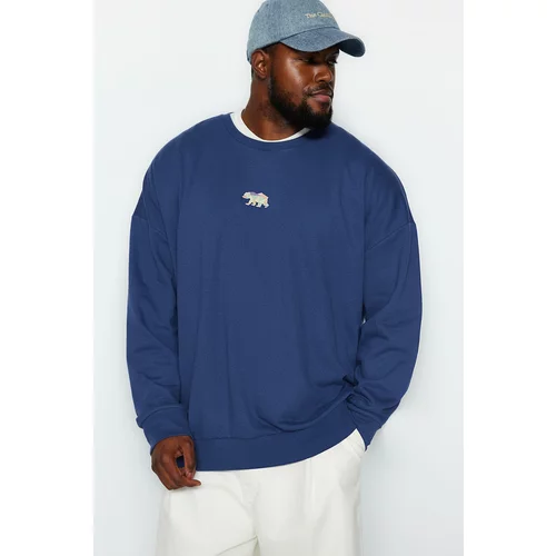 Trendyol Navy Blue Men's Plus Size Oversize Comfortable Animal Embroidered Pile Cotton Sweatshirt with Soft Inside.