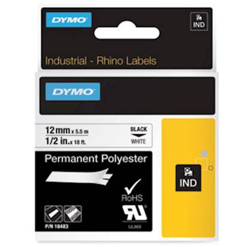 Dymo Trak Rhino Polyester 18483, 12 mm / 5.5 m (črno/bel), original Slike