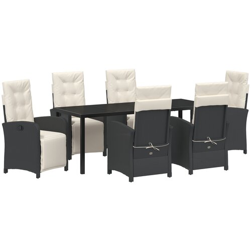 VidaXL 7-dijelni vrtni set za objedovanje s jastučićima crni poli ratan, vrtni stol crni 200x80x73 cm kaljeno staklo Slike