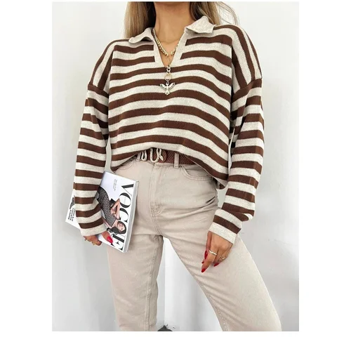 Dewberry 51782 Polo Neck Striped Long Sleeve Sweater-COFFEE