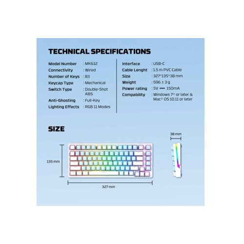 Fantech tastatura mehanička gaming MK612 atom x83 ame bela (rosie switch) Slike