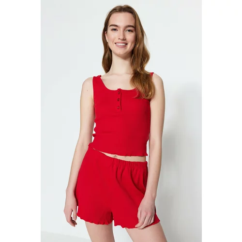 Trendyol Red Button Detailed Corduroy Singlets-Shorts, Knitted Pajamas Set