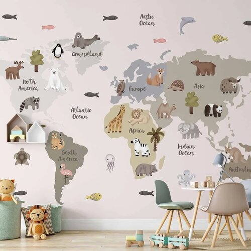  Foto tapeta - Pastel Map - Animals and Continents for Children\'s Room 98x70 Samoljepljiva Cijene