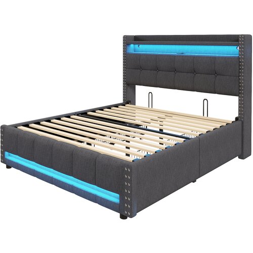 Lumor Postelja za odrasle s predali 140x200 cm iz lana – z LED osvetlitvijo in USB priključkom – z letveno podlago – siva, (22150877) Cene
