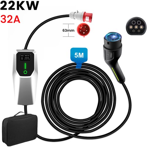 JUNSUN Tip 2 EV Polnilni Kabel 3-Fazni 22 kW z Nastavljivim Tokom – Prenosno Polnilno Orodje za Električna Vozila (Schuko, 5 m, 6/8/10/13/16/20/24/32A), (21989620) Cene