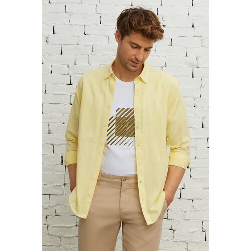 AC&Co / Altınyıldız Classics Men's Yellow Comfort Fit Relaxed Cut Concealed Button Collar 100% Cotton Flamed Shirt Slike