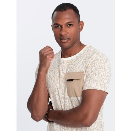 Ombre Men's cotton t-shirt with letter print and pocket - cream and brown Cene