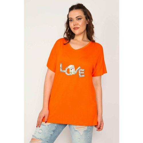 Şans Women's Large Size Orange Appliqued Pearl Embroidered V-Neck Viscose Blouse Slike