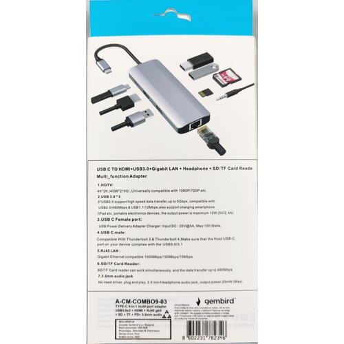Gembird A-CM-COMBO9-03 USB Type-C 9-in-1 multi-port adapter USB USB-C+HUB+HDMI+PD+card rea (2023) Cene