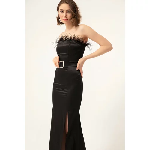Lafaba Women's Black Strapless Mermaid Evening Dress with Stones and a Belt.