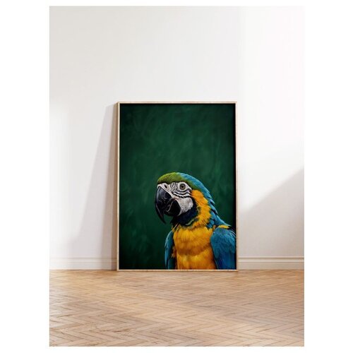 Wallxpert uramljena slika 115207, ara papagaj u plavoj i žutoj boji na tamnozelenoj pozadini, 50 x 70 cm, ram u boji prirodnog drveta Cene