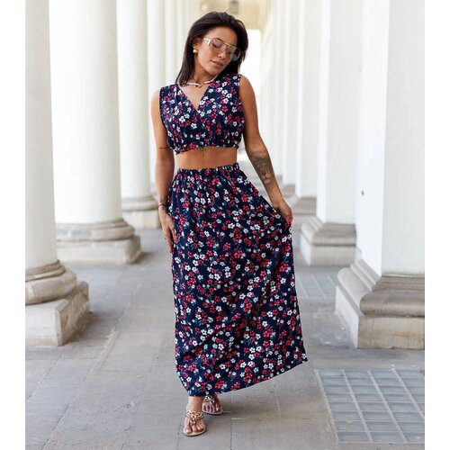 Gemre Navy blue floral set with top and skirt Genova Slike