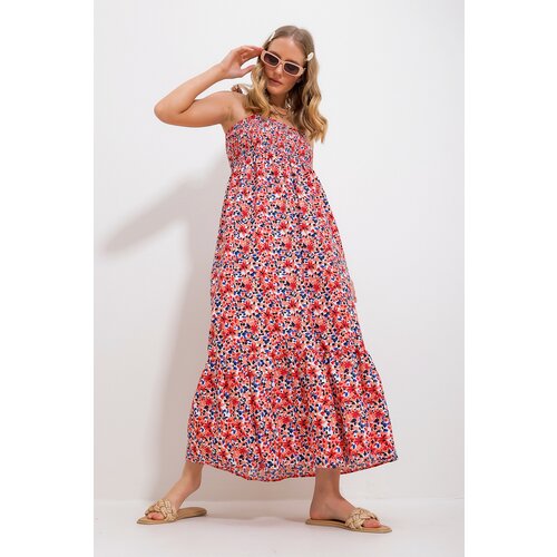 Trend Alaçatı Stili Women's Baby Mouth Strap Skirt Flounce Floral Pattern Gimped Woven Dress Cene