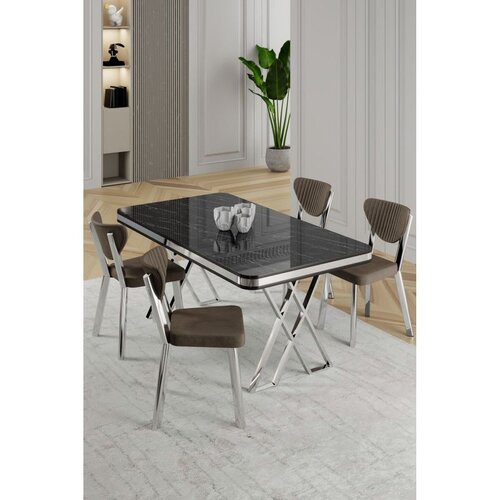 Hanah home trpezarijski set Raja, sto i 4 stolice, ploča u dekoru crnog mermera, hromirane noge, braon tkanina Babyface Cene