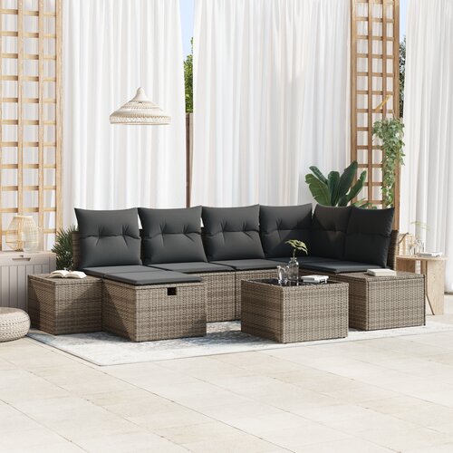 vidaXL 7-delni vrtni kavč set z blazinami siva poly rattan Cene